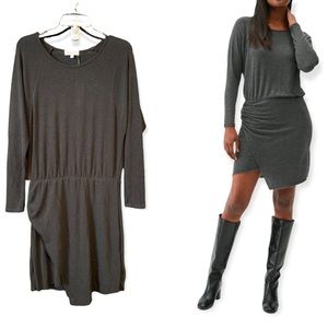 Michael Stars Hally Ruched Side Wrap Mini Long Sleeve Dress in Black